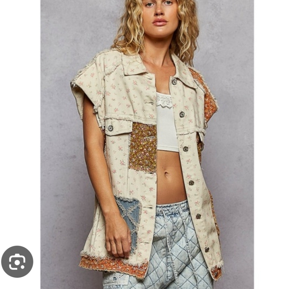 New! POL Cream Floral Patchwork Denim Long Vest